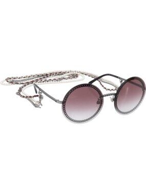CHANEL COCO Mark Pearl Triple Chain Gradient Sunglasses plastic Wine Red Sil...